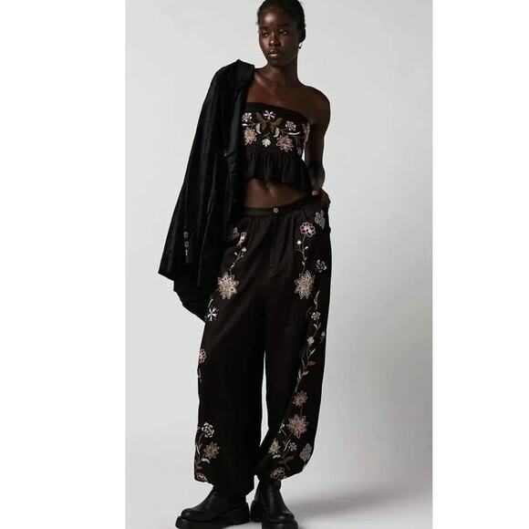 Free People Pants - New Free People Harmoney Floral Embroidered Set $298 XS Black Crop Top & Pants
